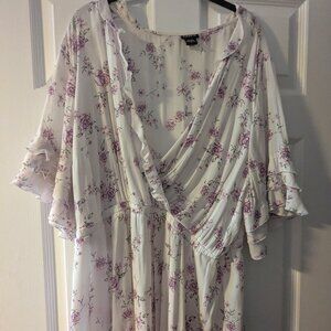 Torrid White Flowy Ruffle Blouse with Purple Rose design v-neck
